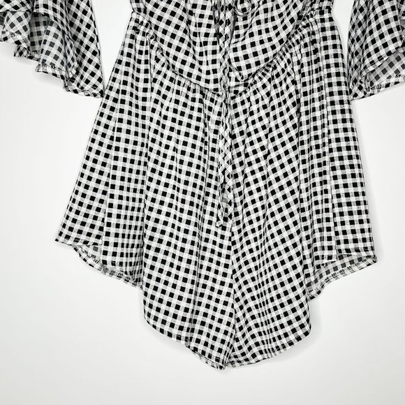 Raised By Wild Off Shoulder Gingham Romper - Picture 4 of 5